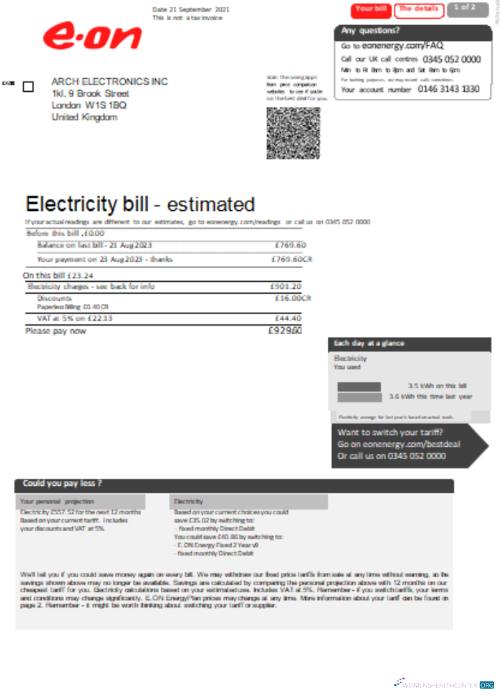 Download E.ON UK electricity utility business bill, page 1 SCR Photoshop template